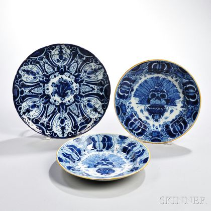 Three Dutch Delftware Blue and White Dishes