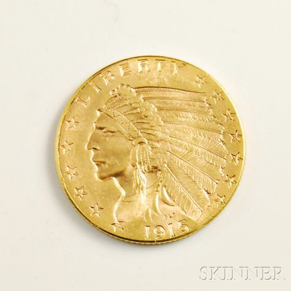 1915 Two and a Half Dollar Indian Head Gold Coin. Estimate $200-250
