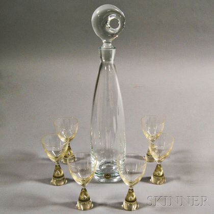 Holmegaard Colorless Glass Decanter and a Set of Six Cordials