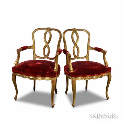 Pair of Louis XV-style Gilt and Velvet-upholstered Fauteuil