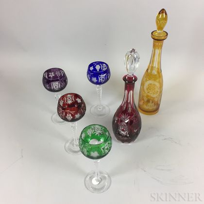 Six Bohemian Colored Glass Tableware Items