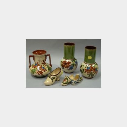 Pair of Watcombe Floral Vases and Floral Decorated Two-Handled Vase, an Aller Vale High Heel Shoe, and Scandy Shoes. 