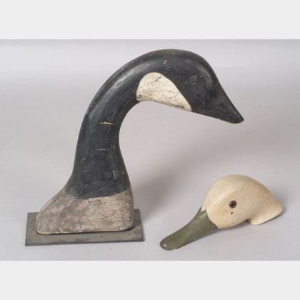 Carved and Painted Wooden Canada Goose Decoy Head and Duck Head