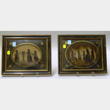 Two Framed Reverse-painted Silhouettes on Convex Glass with Eglomise Mat