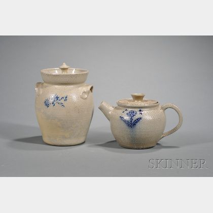 Jugtown Cobalt Decorated Stoneware Pottery Covered Crock and Teapot