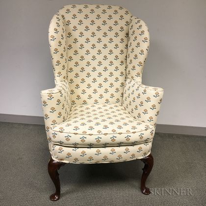 Queen Anne-style Upholstered Mahogany Wing Chair