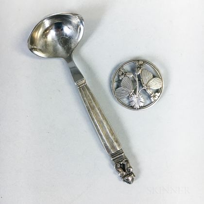 Georg Jensen Sterling Silver Acorn Pattern Sauce Ladle and a Brooch