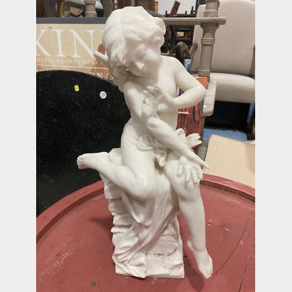 Carved Marble Cherub on Tall Marble Pedestal