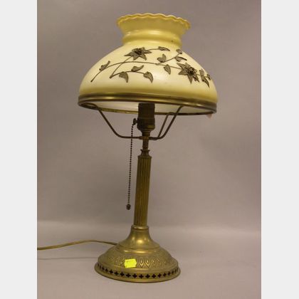 Bradley & Hubbard Brass Table Lamp with Gilt-metal Floral Mounted Glass Shade. 