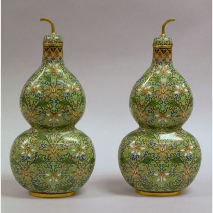 Pair of Modern Chinese Cloisonne Double Gourd-form Bottles with Covers. 