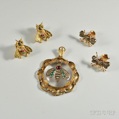 Three Pieces of 14kt Gold Gem-set Insect Jewelry