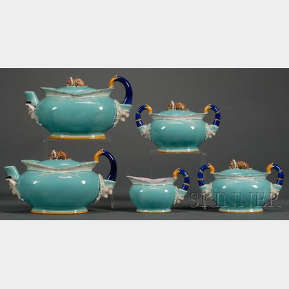 Wedgwood Majolica Five-piece Punch and Judy Pattern Assembled Tea Set