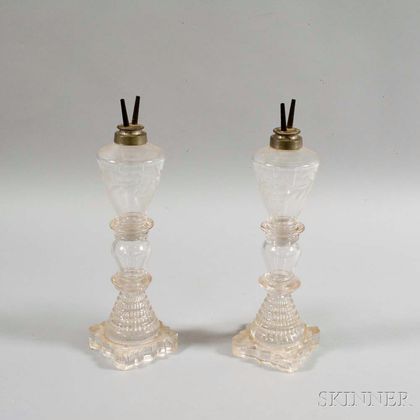 Pair of Colorless Etched Glass Fluid Lamps