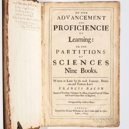 Bacon, Sir Francis (1561-1626) Of the Advancement and Proficiencie of Learning.