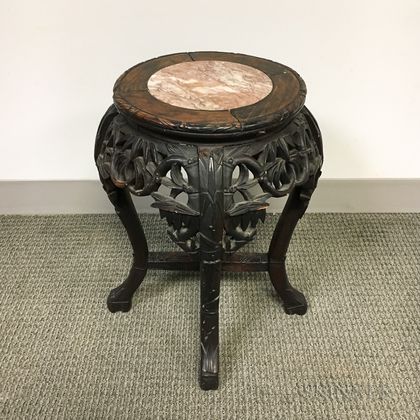 Chinese Carved Hardwood Marble-top Stand