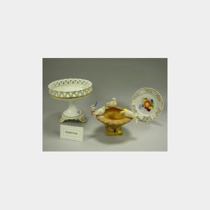 Italian Alabaster Doves of Pliny Group, Satin Glass Rosebowl and English Ceramic Bowl. 