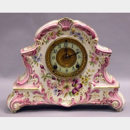 Ansonia Clock Co. Dresden Hand-painted and Transfer Decorated Porcelain Mantel Clock