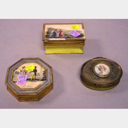 Small Continental Gilt-metal Box and Two Small Embellished Paper Boxes