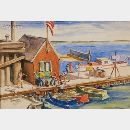 Charlotte Harrington Scott (American, b. 1905-1963) Cape Cod Harbor Scene/Probably Wellfleet, Massachusetts.