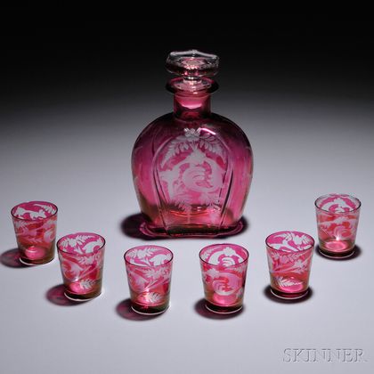 Foliate-etched Ruby-flashed Glass Liquor Bottle and Six Cordials
