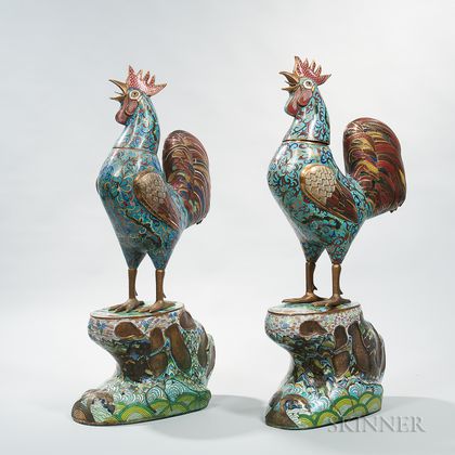 Pair of Large Bronze and Cloisonné Roosters