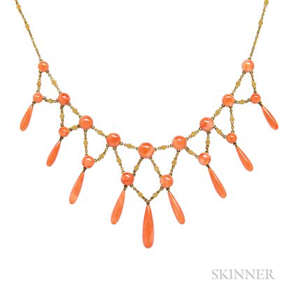 Antique Gold and Coral Fringe Necklace