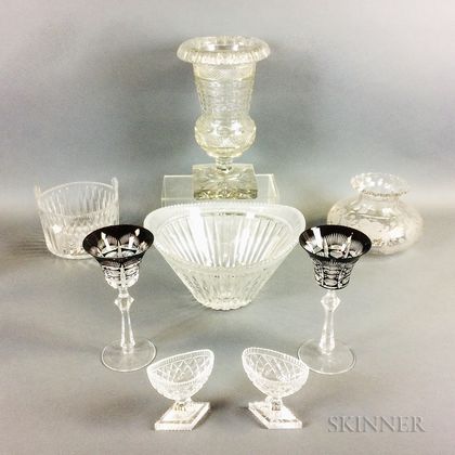 Pair of Cased Glass Wine Goblets and Six Colorless Cut Glass Items. Estimate $40-60