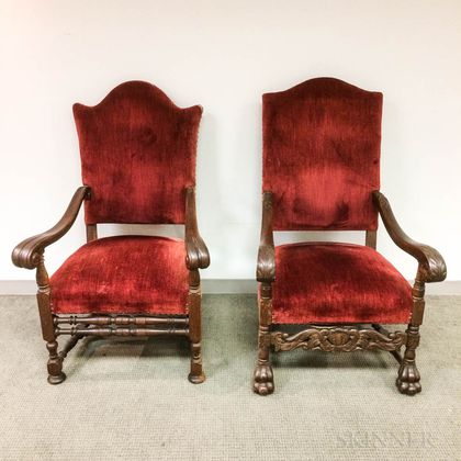 Baroque-style Carved and Upholstered Oak Armchairs