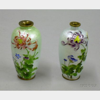 Two Small Japanese Cloisonne Chrysanthemum Decorated Vases