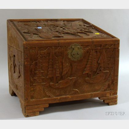 Asian Export Carved Hardwood Slant-lid Storage Box