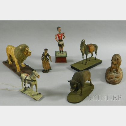 Group of Painted Composition and Carved Wooden Figural Animal Pull-toys, a Wind-up Drummer, a Painted Figure of... 