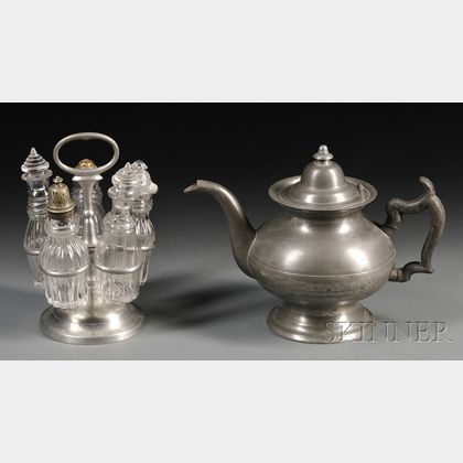 Pewter and Glass Cruet Set and a Pewter Teapot