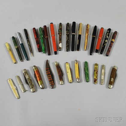 Seventeen Vintage Fountain Pens and Writing Instruments and Twelve Pocketknives. Estimate $200-400
