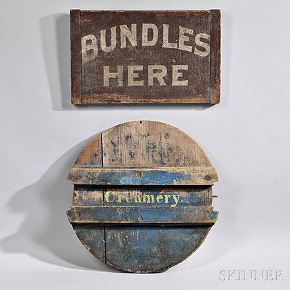 Painted "Creamery" and "BUNDLES HERE" Signs