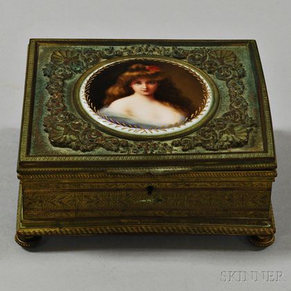 Covered Brass Box with Portrait Plaque of a Woman