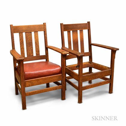 Two Arts and Crafts Oak Armchairs