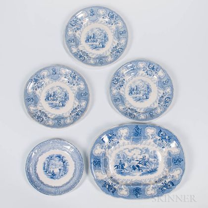Four Staffordshire Transfer-decorated "Texian Campaigne" Table Items and an Unrelated Dish