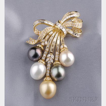 18kt Gold, South Sea and Tahitian Pearl, and Diamond Pendant/Brooch