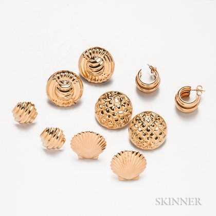 Five Pairs of 14kt Gold Earrings