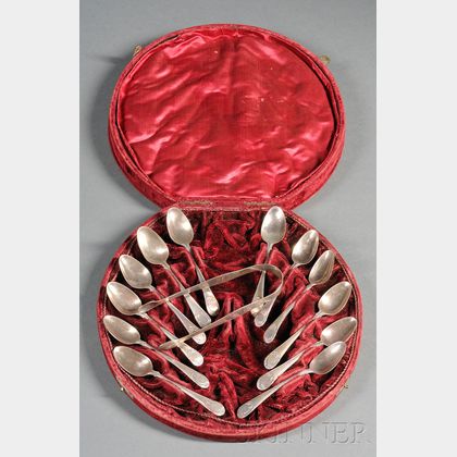 Cased Silver Demitasse Spoons and Pair of Tongs