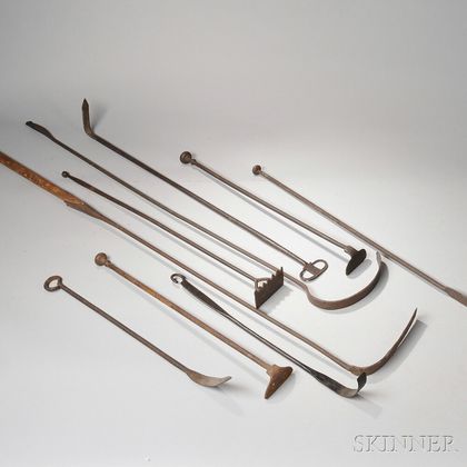 Nine Wrought Iron Hearth Tools