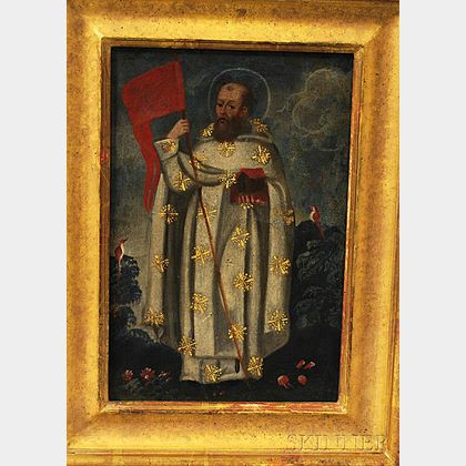 Spanish Colonial School, 19th Century Standing Saint Holding a Model Building and Red Banner.