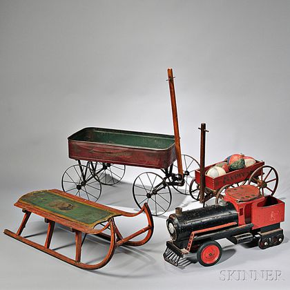 Paint-decorated Sled, Two Wagons and a Tin Locomotive