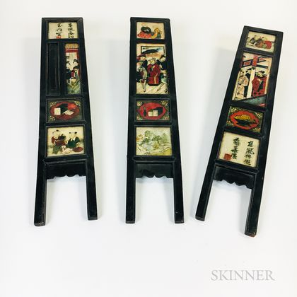 Three Chinese Paint-decorated Stone and Wood Table Screen Panels