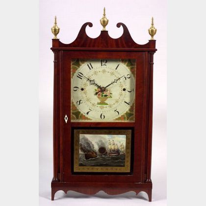 Federal Mahogany and Mahogany Veneer Pillar and Scroll Mantel Clock