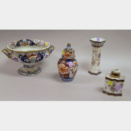 Small Imari Porcelain Covered Urn, a British Imari Palette Ironstone Bowl, a Chinese Porcelain Tea Caddy, and a... 