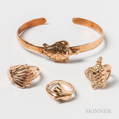 14kt Gold Turtle Bangle and Three 14kt Gold Ocean-themed Rings