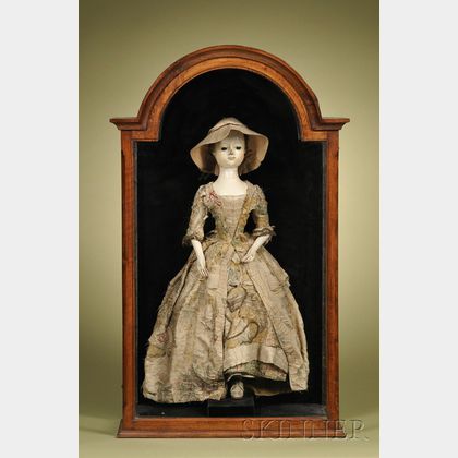 Large Queen Anne Lady Doll in Mahogany and Walnut Veneered Display Case