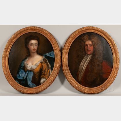 School of Sir Peter Lely (British, 1618-1680) Pair of Oval Pendant Portraits