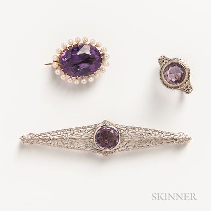 Three Pieces of 14kt Gold and Amethyst Jewelry
